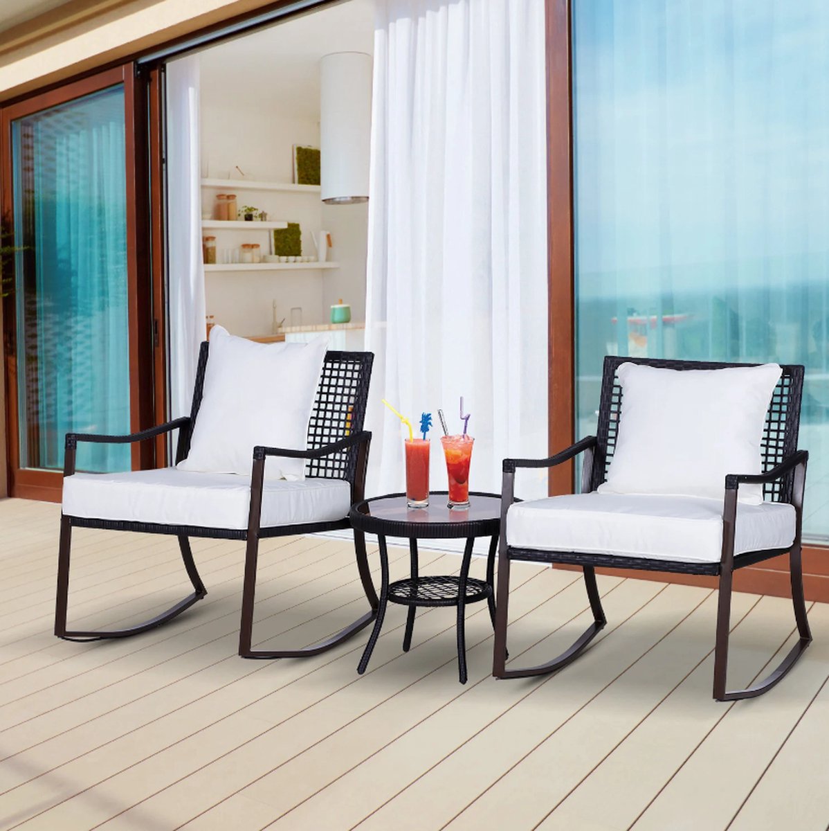 2-zits Metalen Tuinmeubelset: 2 Schommelstoelen En 1 Glazen Salontafel 8 Cm Gevulde Kussens Grijs