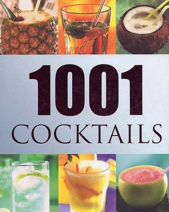 Boek met de titel 1001 Cocktails, met afbeeldingen van ananas, kokosnoot en diverse cocktails.