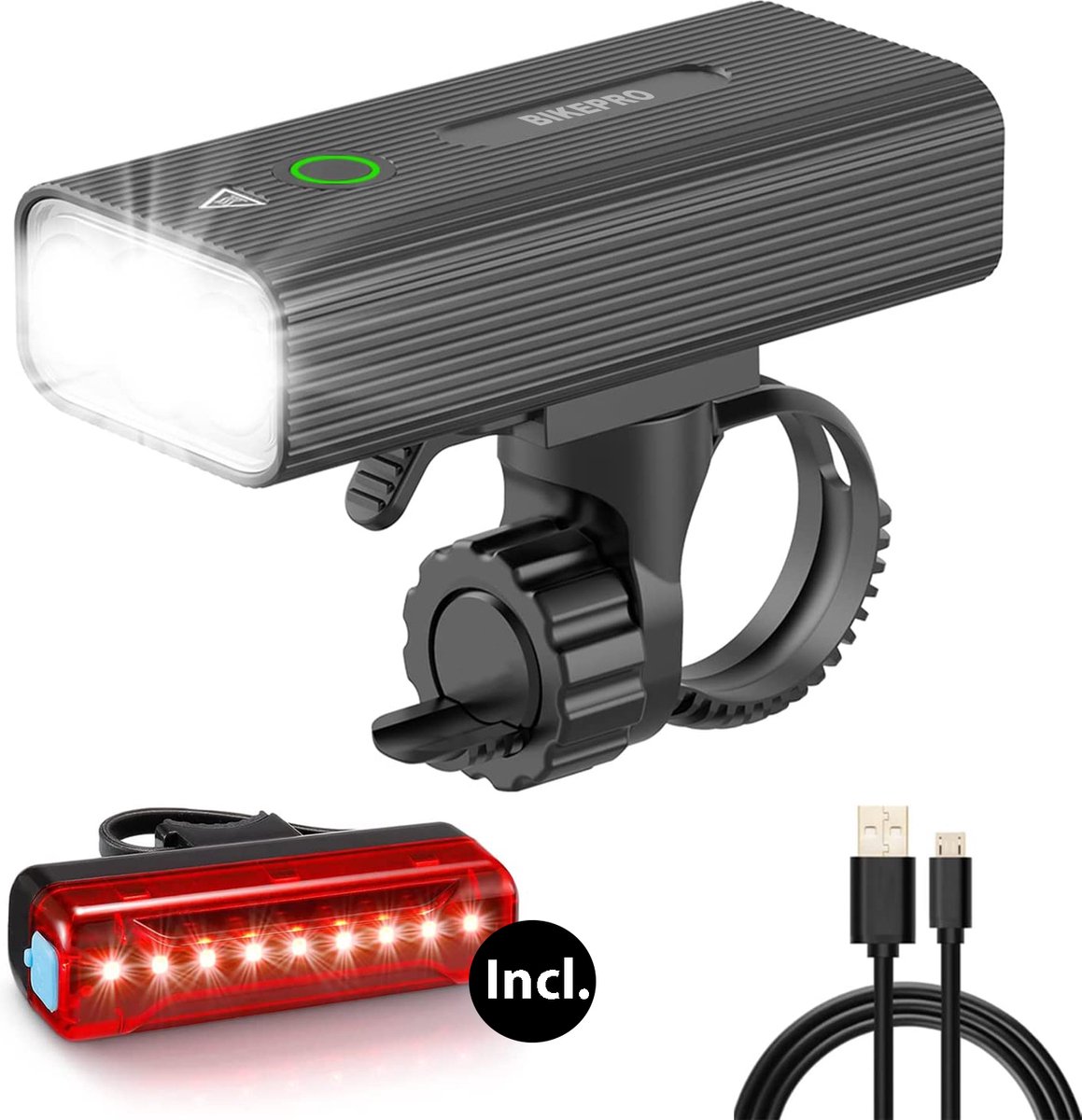 Kit éclairage Vélo LED USB – Phare Avant + Feu Arrière – IPX4 – Batterie 2000mAh