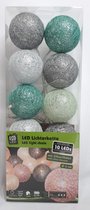 Kerstballen Snoer - Katoen - 10 Kerst Ballen - met Led Verlichting - Kerst Decoratie - 3 Kleuren - Zilver / Groen /Wit -Werkt op Batterijen