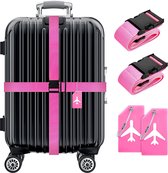 BOTC Kofferriem met Kofferlabel - 4-Delig Kofferband set - 2 Kofferband en 2 Bagagelabel - bagageriemen - Bagageband - Verstelbaar - Roze