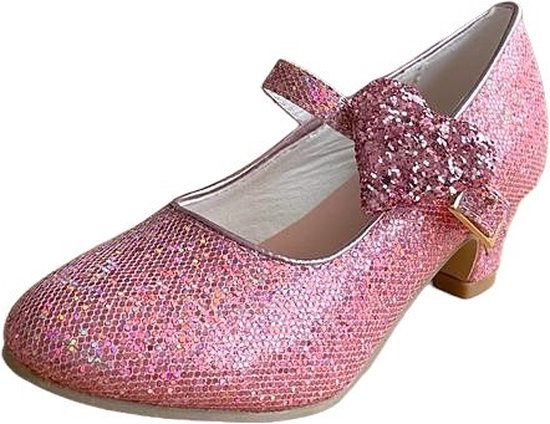 Roze glitter schoentje met hart strik en hak, verstelbare band.