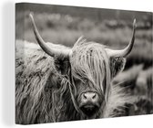 Canvas - Dieren - Schotse hooglander - Koe - Zwart - Wit - Foto op canvas - 30x20 cm - Schilderijen op canvas - Wanddecoratie