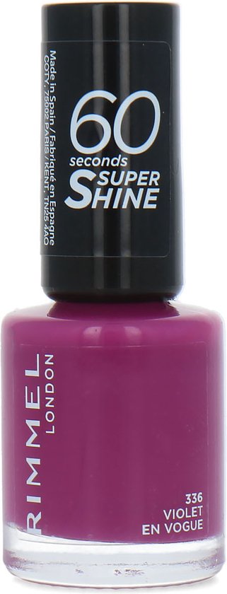 Rimmel London nagellak in 336 Violet en Vogue met "60 seconds Super Shine" op de dop.