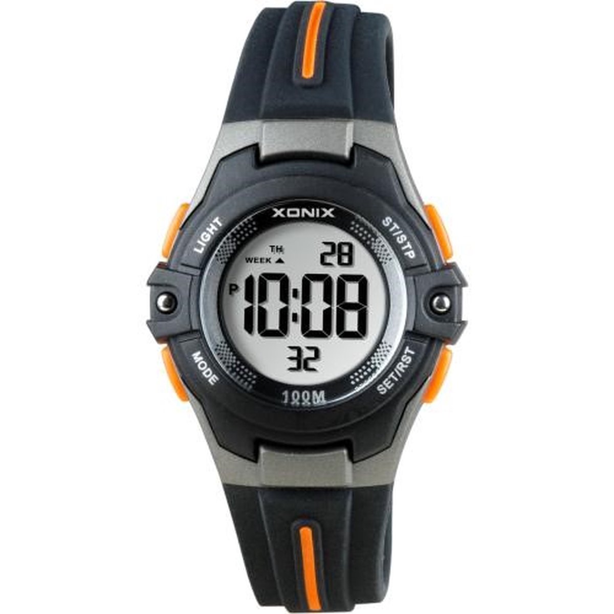 Xonix BAB-004 - Horloge - Digitaal - Mannen - Heren - Kinderen - Siliconen band - ABS - Cijfers - Achtergrondverlichting - Alarm - Start-Stop - Chronograaf - Tweede tijdzone - Waterdicht - 10 ATM - Zwart - Grijs - Oranje
