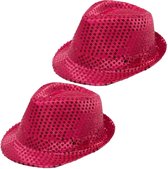 Partychimp Trilby hoeden met pailletten - 2x Stuks - roze - glitter