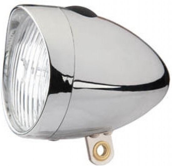 Zilverkleurige, ronde fietskoplamp met een glanzend chroom afwerking. De koplamp heeft een geribbeld glas en een metalen montagebeugel.