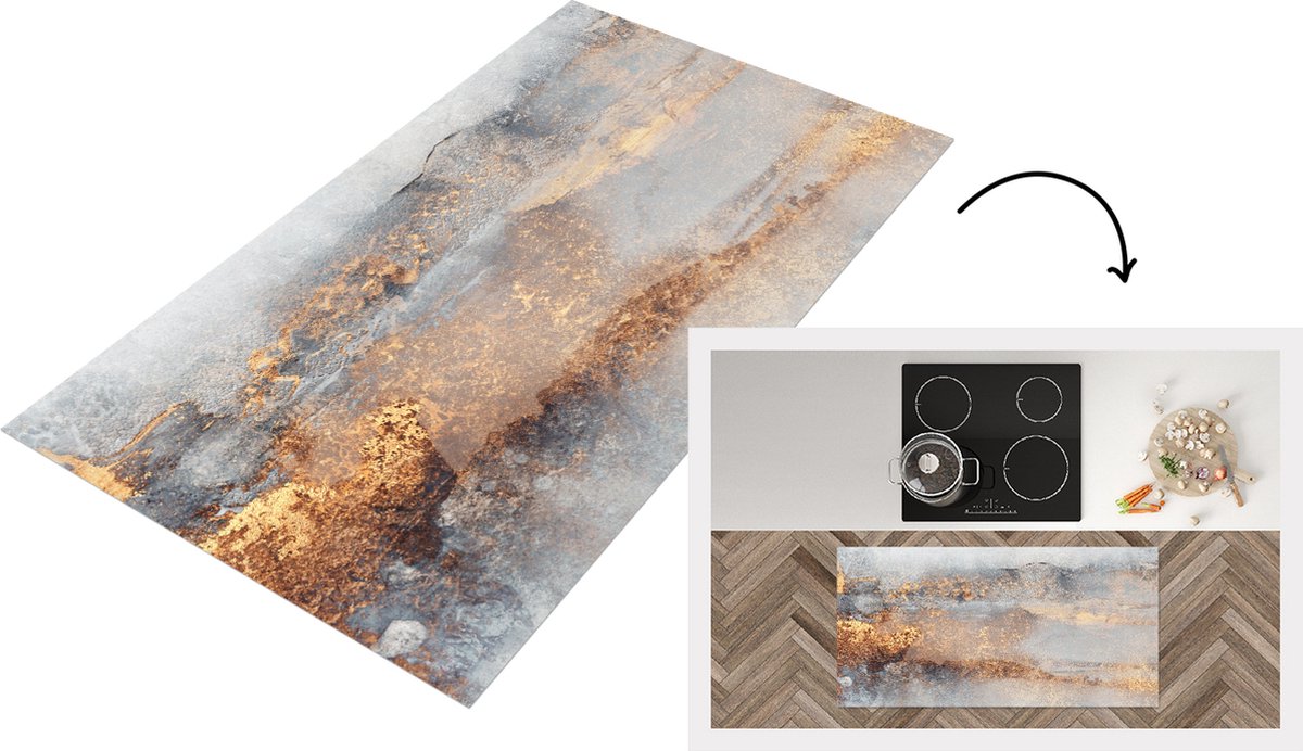 KitchenYeah Keukenloper - Loper keuken - Mist - Goud - Abstract - Keukenloper vinyl, foto 3