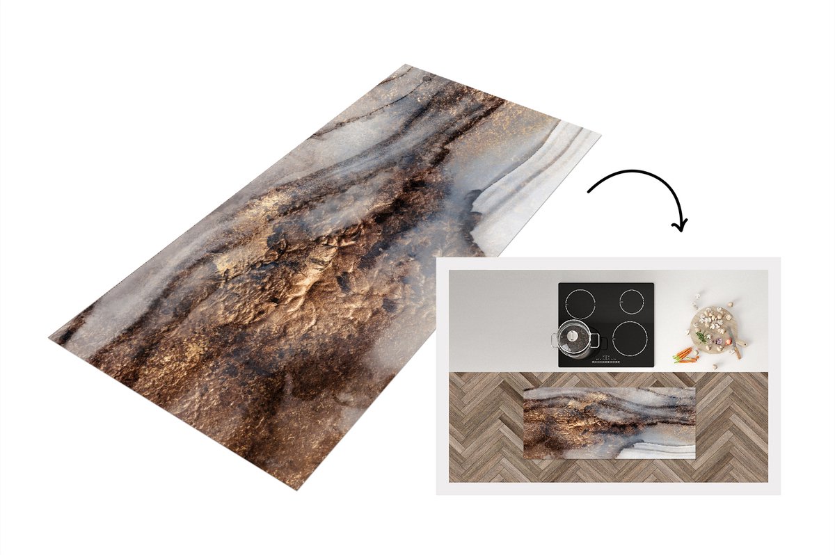 KitchenYeah Keukenloper - Loper keuken - Storm - Goud - Abstract - Keukenloper vinyl Multicolor