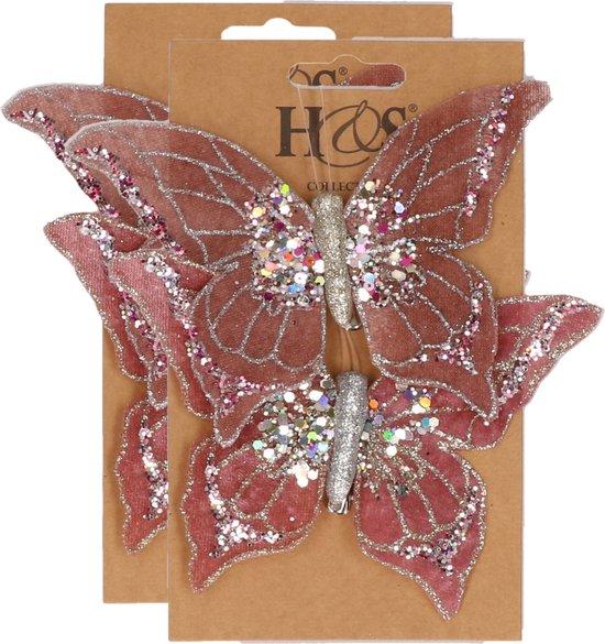 4x stuks kunststof decoratie vlinders op clip roze 10 x 15 cm - vlindertjes versiering - Kerstboomversiering
