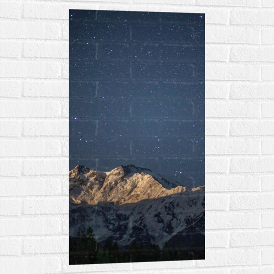 WallClassics - Muursticker - Heldere Sterrenhemel boven Witte Bergtoppen - 50x100 cm Foto op Muursticker