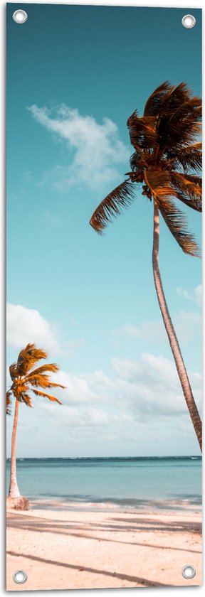 WallClassics - Tuinposter – Grote en Kleine Palmboom aan het Water - 30x90 cm Foto op Tuinposter  (wanddecoratie voor buiten en binnen)