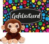 Keel toys - Cadeaukaart A5 Gefeliciteerd met superzacht knuffeldier chimpansee aap 25 cm