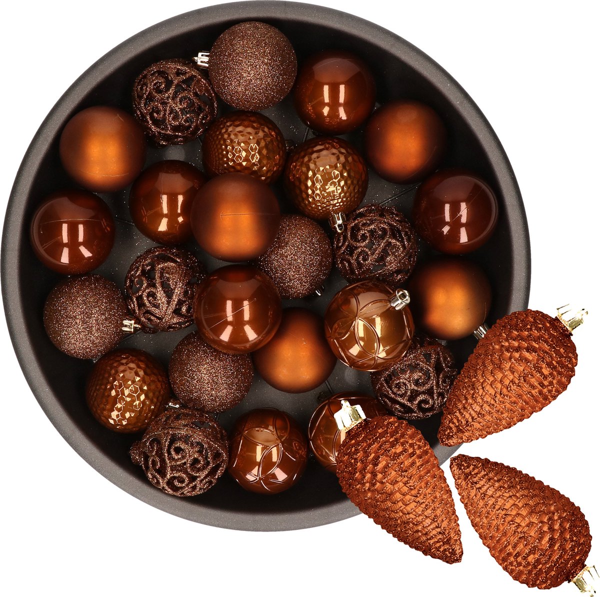 Decoris Kerstballen en dennenappel ornamenten - 43x stuks - kunststof - kaneel bruin