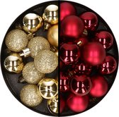 Kerstballen 36x stuks - 3 en 4 cm - goud en donkerrood - kunststof