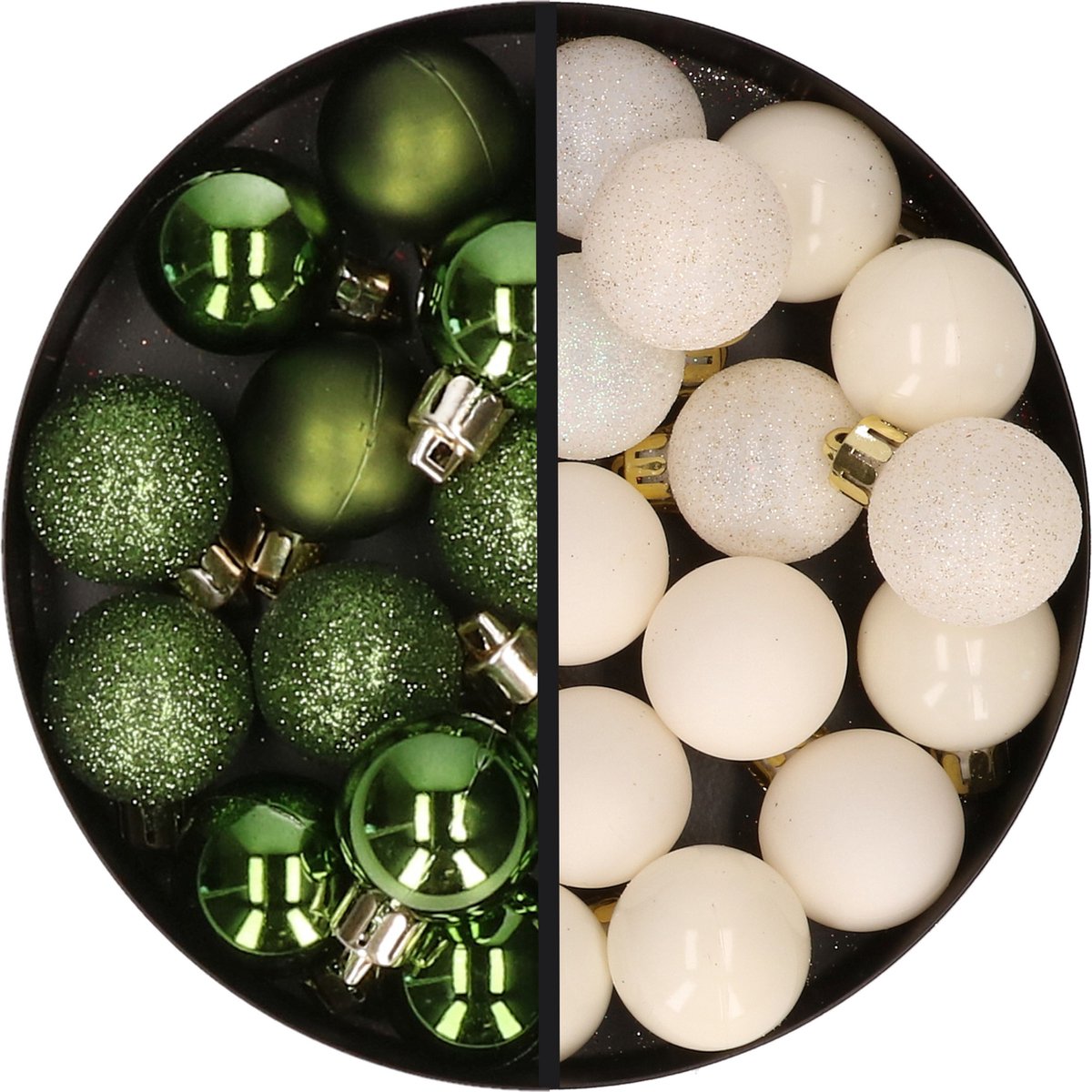 Kerstballen 34x st - 3 cm - groen en wolwit - kunststof