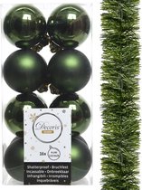 Decoris kerstballen 4 cm en slinger 17x st - donkergroen - kunststof