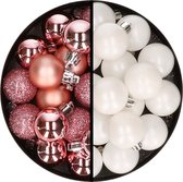 Kerstballen 36x stuks - 3 en 4 cm - roze en wit - kunststof