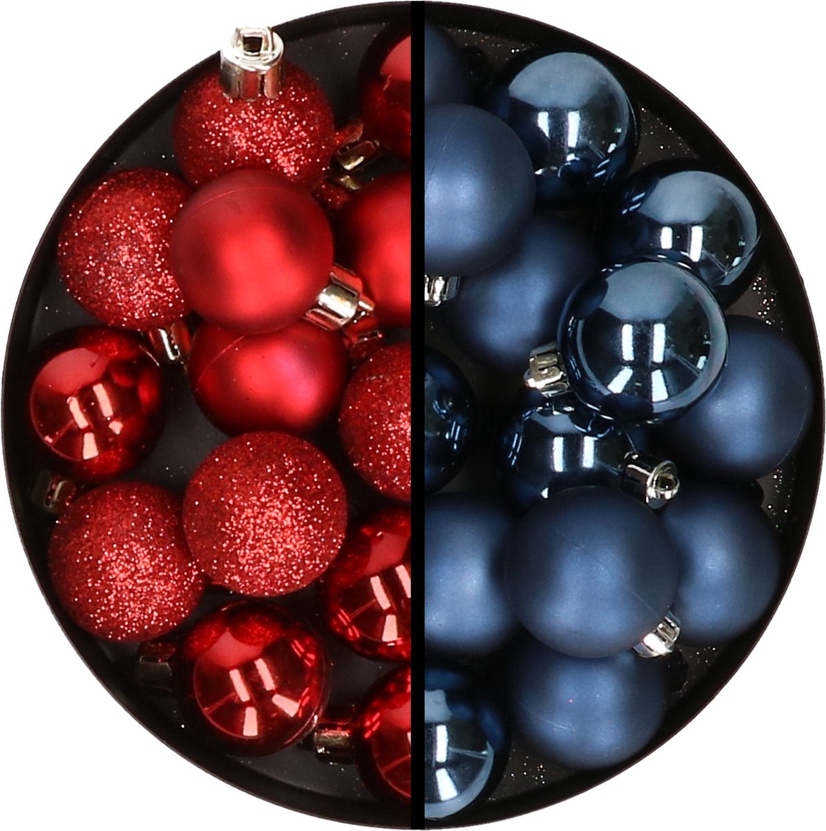 Kerstballen 36x stuks - 3 en 4 cm - rood en donkerblauw - kunststof