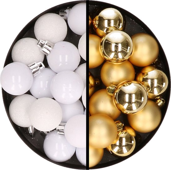Kerstballen 36x stuks 3 en 4 cm wit en goud kunststof