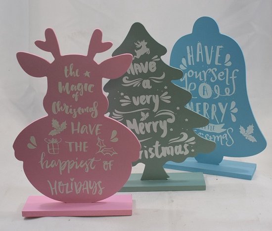 ZoeZo Design - set van 3 - houten - staande kerstdecoraties - met kerstspreuk - assorti - hoogte - circa 27 cm