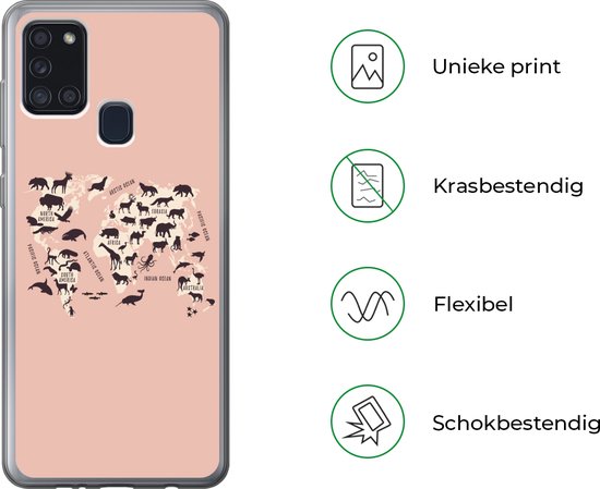 Coque Samsung Galaxy A21s - Carte du Wereldkaart - Animaux - Silhouette - Siliconen