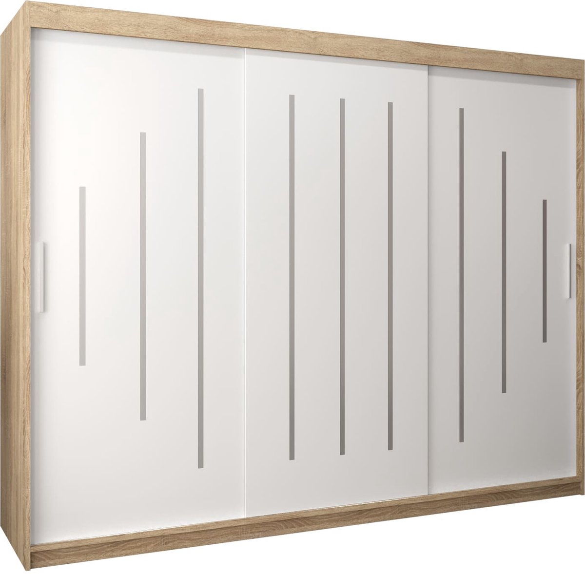 InspireME Kledingkast met 3 schuifdeuren, Modern-stijl, Een kledingkast met planken (BxHxD): 250x200x62 - MALTESE 250 Sonoma Eik + Wit Mat met 4 lades