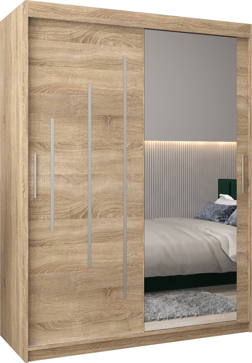 InspireME Kledingkast met 2 schuifdeuren, Modern-stijl, Een kledingkast met planken en een spiegel (BxHxD): 150x200x62 - MALTESE II 150 Sonoma Eik met 2 lades