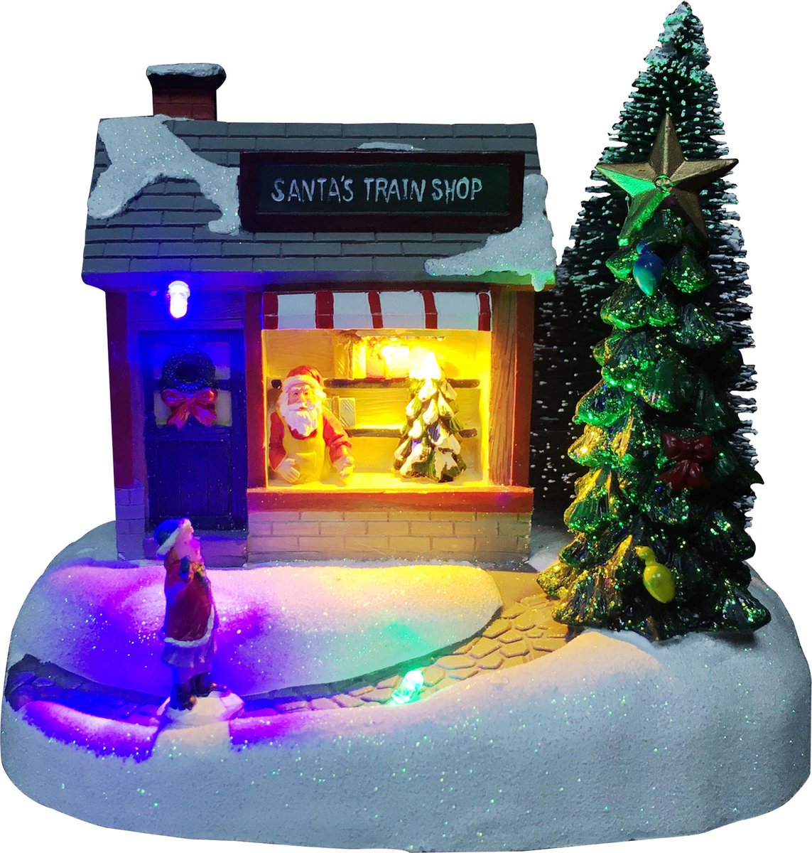 Kristmar Santa’s train shop – Kersthuisje met LED verlichting – Lichtgevend kerstdorp winkel - LED-verlichting – Inclusief adapter - L20.5xB15xH16.3 cm – Plastic – Multicolor