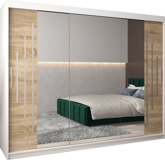 InspireMe - Kledingkast met 3 schuifdeuren, Modern-stijl, Een kledingkast met planken en een spiegel (BxHxD): 250x200x62 - MALTESE II 250 Wit Mat + Sonoma Eik met 4 lades