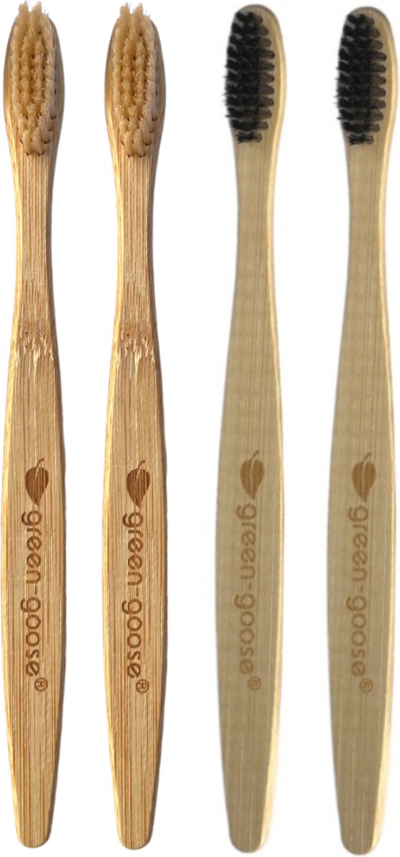 Eco vriendelijke Bamboo- Bamboe tandenborstel set van 4 stuks | Zacht/ Medium tandenborstels | Family pack | Biologisch / Ecologisch | Recyclebaar | Bamboo Love