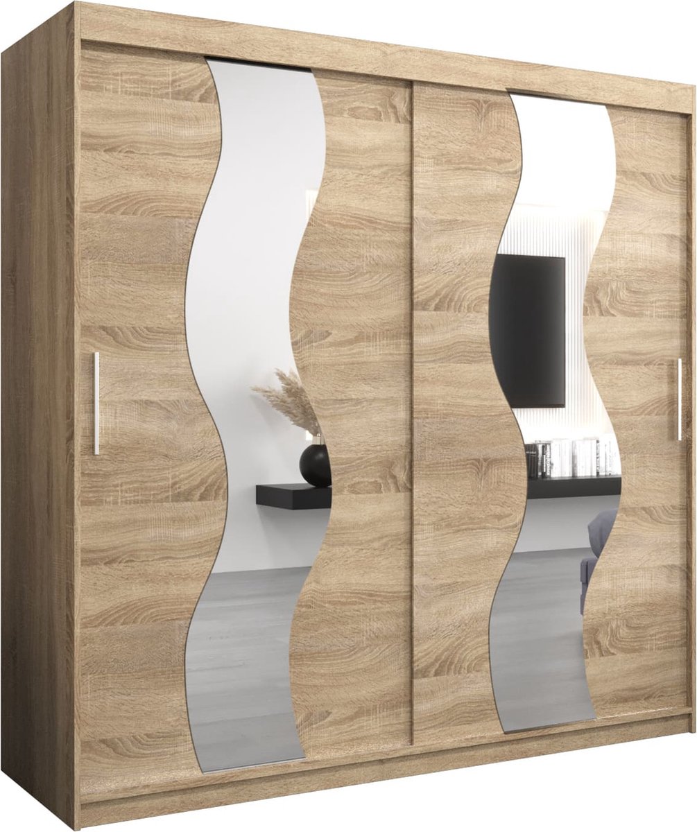 InspireME Kledingkast met 2 schuifdeuren, Modern-stijl, Een kledingkast met planken en een spiegel (BxHxD): 200x200x62 - REESE 200 Sonoma Eik met 4 lades
