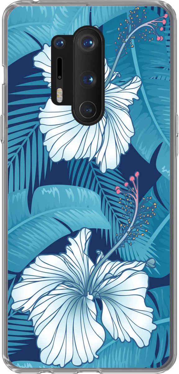 Telefoonhoesje Geschikt voor OnePlus 8 Pro hoesje - Tropisch - Bloemen - Blauw - Siliconen Telefoonhoesje Telefoonhoesje