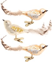 3x stuks luxe glazen decoratie vogels op clip natural velvet 11 cm - Decoratievogeltjes - Kerstboomversiering