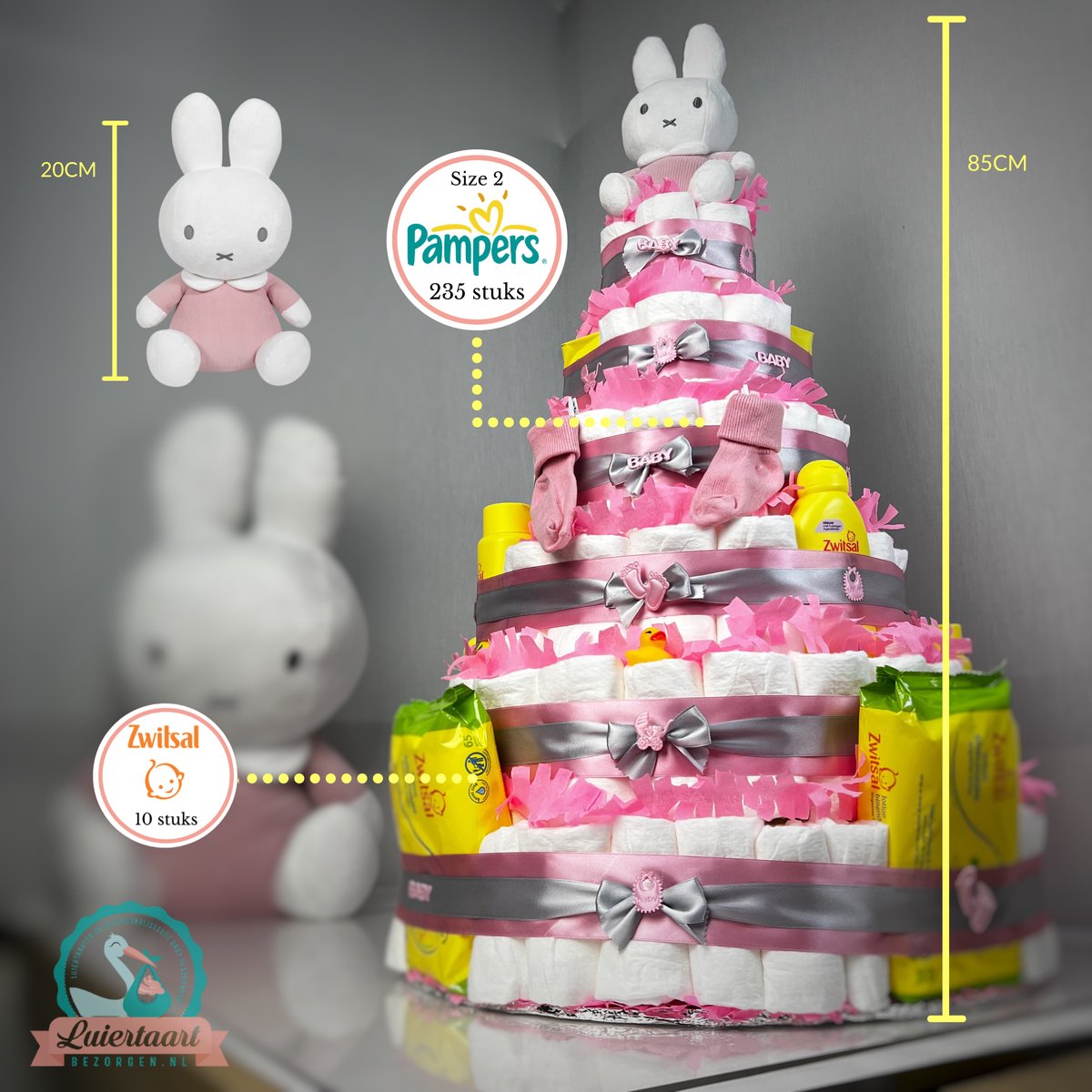 Goedkoopste Luiertaart Meisje XXL - 235 Pampers - Nijntje & Zwitsal pakket - Kraamcadeau - Pampertaart