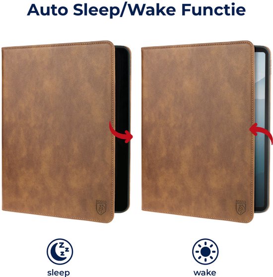 Bruine tablethoes in 'sleep' en 'wake' modus, met slaapicoon en wekkericoon.