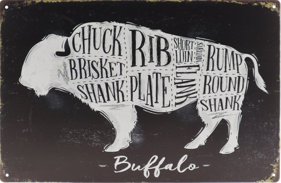 Wandbord – Buffalo - Buffel - Slager - Steak - Retro - Wanddecoratie – Reclame bord – Restaurant – Kroeg - Bar – Cafe - Horeca – Metal Sign – 20x30cm