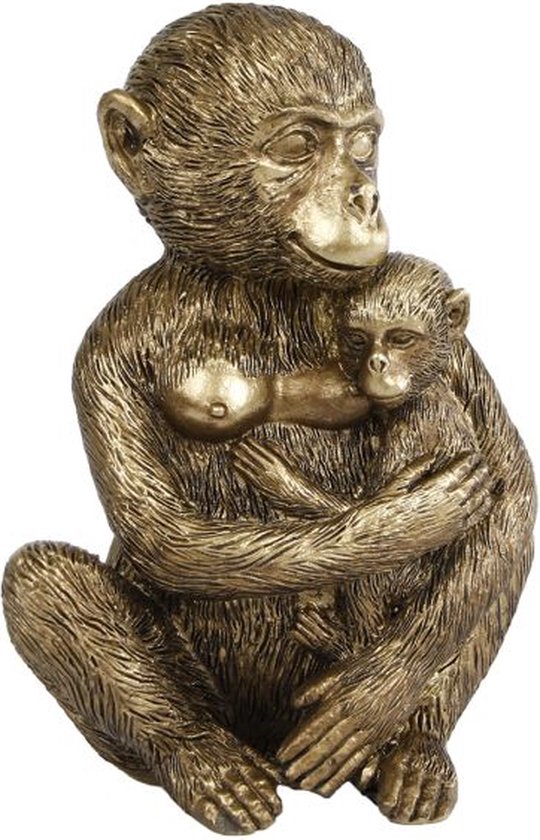 Foto: Sculptuur monkey with cub goud polystone 13x9x15cm