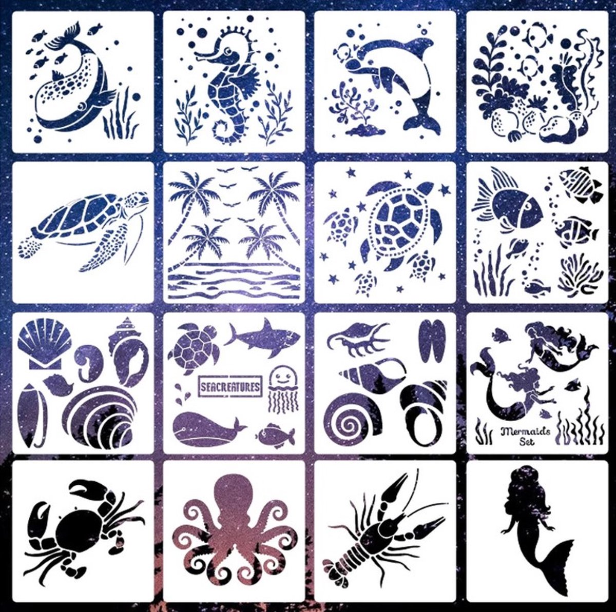 Bullet Journal Plastic Stencils - 16 stuks - Templates - Zeedieren - Mix - Sjablonen - 15 x 15 cm - Handlettering toolkit - Knutselen - Decoratie - Accessoires - Walvis - Dolfijn - Schildpad - Zeepaard - Kwal - Zeemeermin - Octopus - Kreeft - Vissen