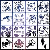 Bullet Journal Flexibele Plastic Stencils - 16 stuks - Templates - Zeedieren - Mix - Sjablonen - 15 x 15 cm - Handlettering toolkit - Knutselen - Decoratie - Walvis - Dolfijn - Schildpad - Zeepaard - Kwal - Zeemeermin - Octopus - Kreeft - Vissen