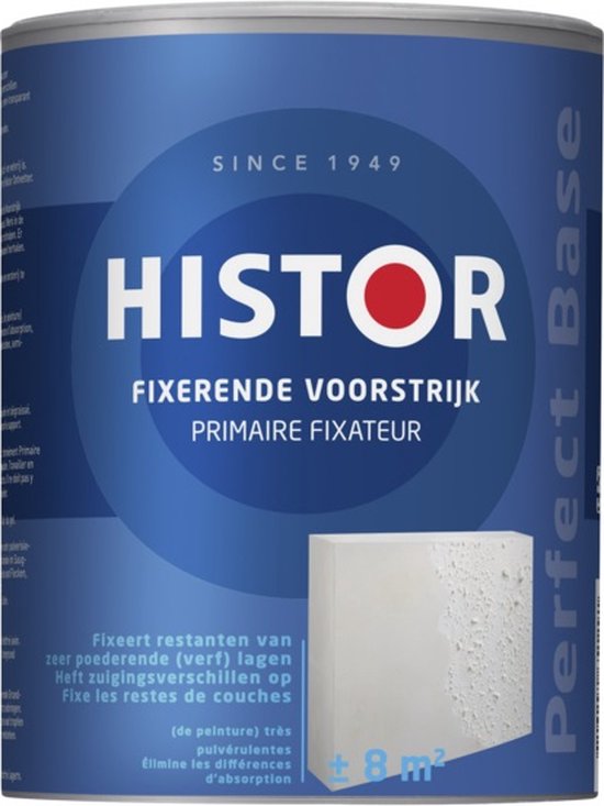 Blik Histor Fixerende Voorstrijk, wit, met een afbeelding van een ruw oppervlak.