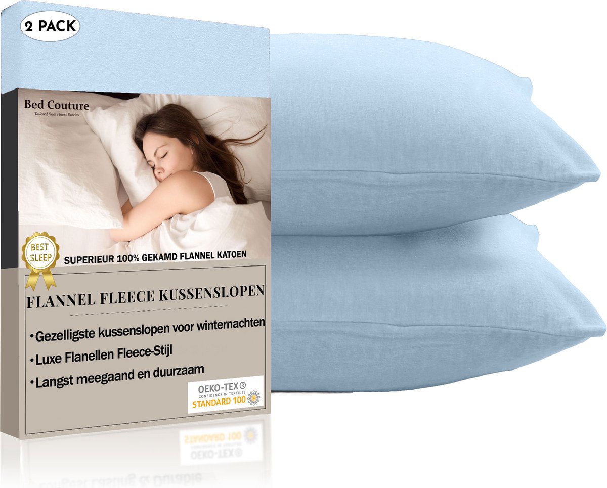 Bed Couture Flanel Fleece Kussenslopen - 100% Katoen Extra zacht en Warm - Set van 2 - 50x70 Cm - Hemelblauw