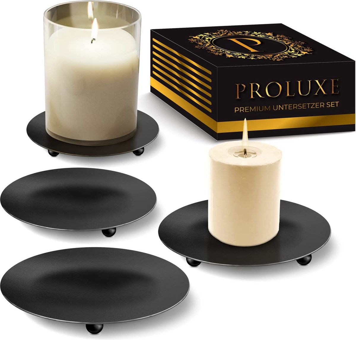 PROLUXE ® Kandelaar zwart 4-delig - Elegant en stijlvol design - Kandelaar van hoogwaardig metaal - Kaarsenonderzetter - Premium kwaliteit kaarsen decoratie - Set van 4 kaarsenborden - Cadeauartikelen