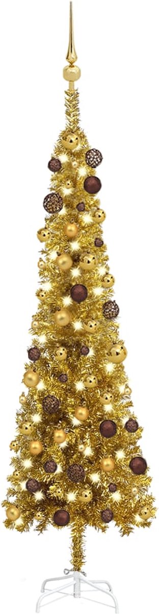 Prolenta Premium - Kerstboom met LED's en kerstballen smal 150 cm goudkleurig