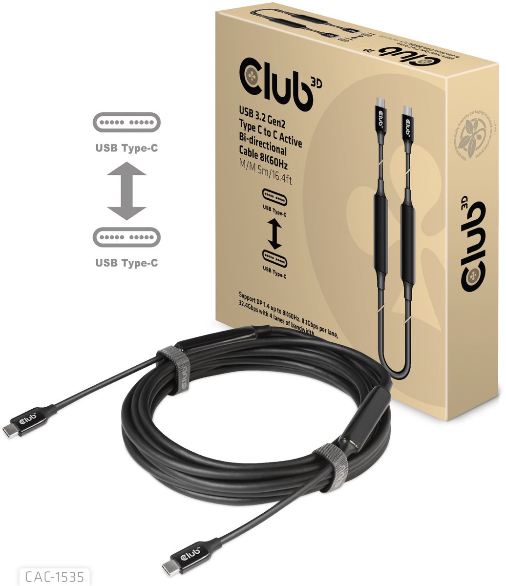 Club 3D USB-C® naar C actieve 10Gbps kabel 8K60Hz M/M 5m/16,4ft