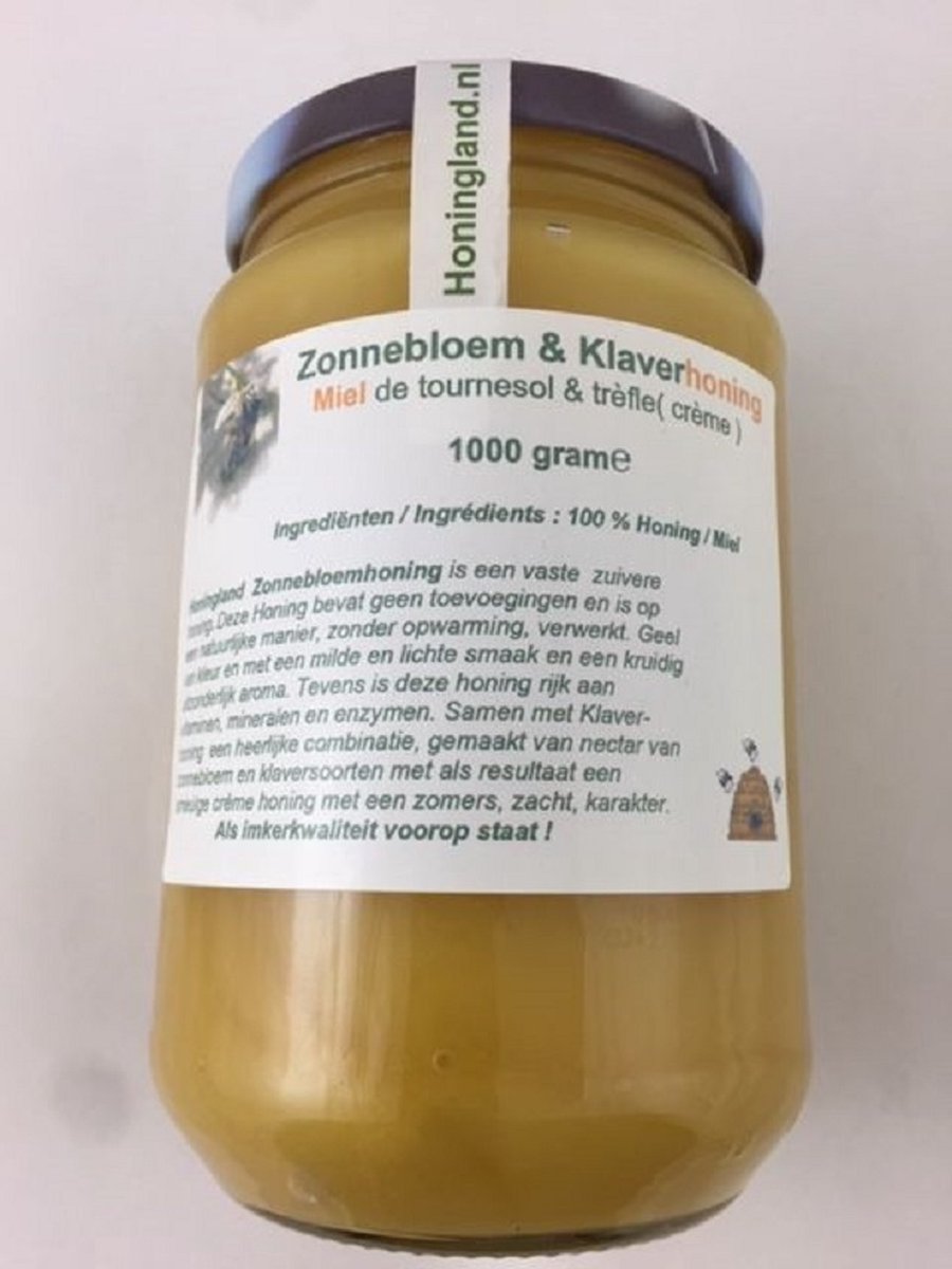 Honingland : Zonnebloem & Klaverhoning , Miel de tournesol & trèfle ( crème ) 1000 gram