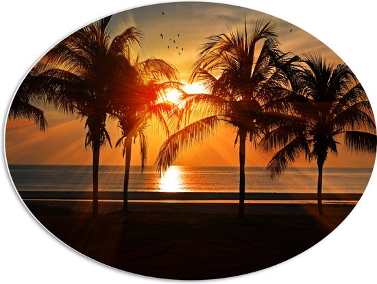 WallClassics - PVC Schuimplaat Ovaal - Palmbomen op het Strand bij Zonsondergang - 80x60 cm Foto op Ovaal  (Met Ophangsysteem)
