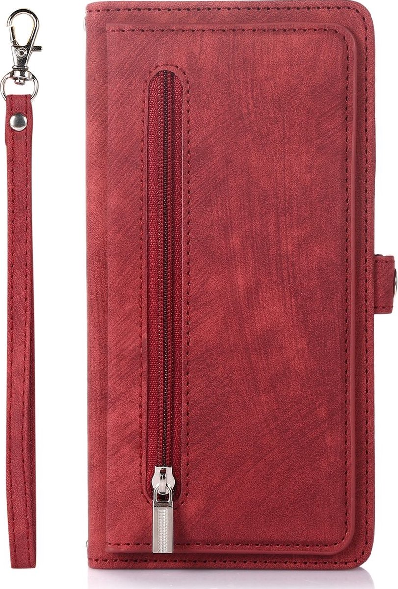 Mobigear Telefoonhoesje geschikt voor Apple iPhone 14 Plus Hoesje | Mobigear Zipper Bookcase Portemonnee | Pasjeshouder voor 3 Pasjes | Telefoonhoesje voor Pinpas / OV Kaart / Rijbewijs - Rood