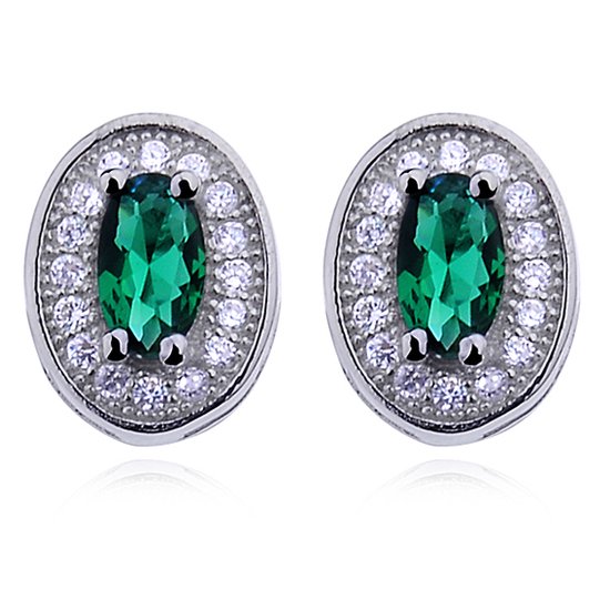 Joy|S - Zilveren klassieke ovale oorbellen - 9 x 7 mm - emerald groene zirkonia - gehodineerd