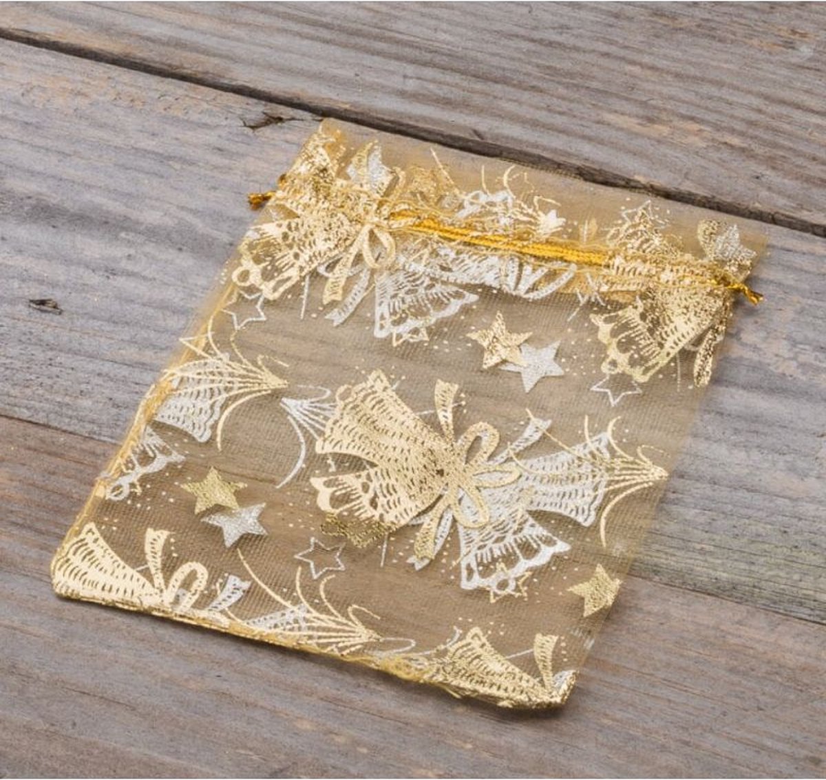 Kerst zakjes Organza 12 x 15 cm 10 stuk Gouden Bellen